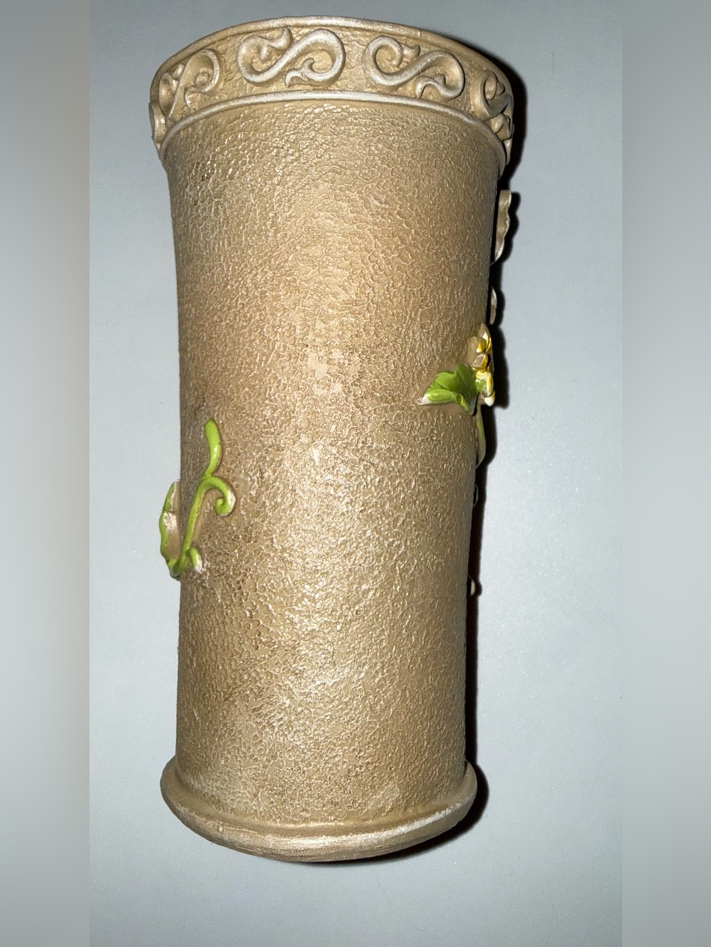 Textured Stone-Look Ceramic Vase with Green Leaf Accents
